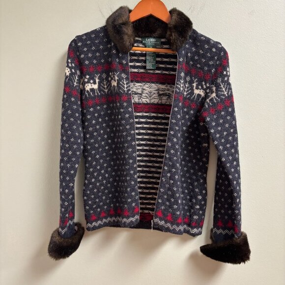 VTG Lauren Ralph Lauren Women Wool Faux Fur Sweater Jacket Size P Old Money Deer - Picture 5 of 12